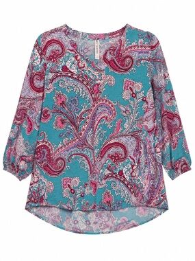 Dear Scarlett Small Teal Pink Paisley 3/4 Sleeve Tunic Blouse Boutique Top NWT